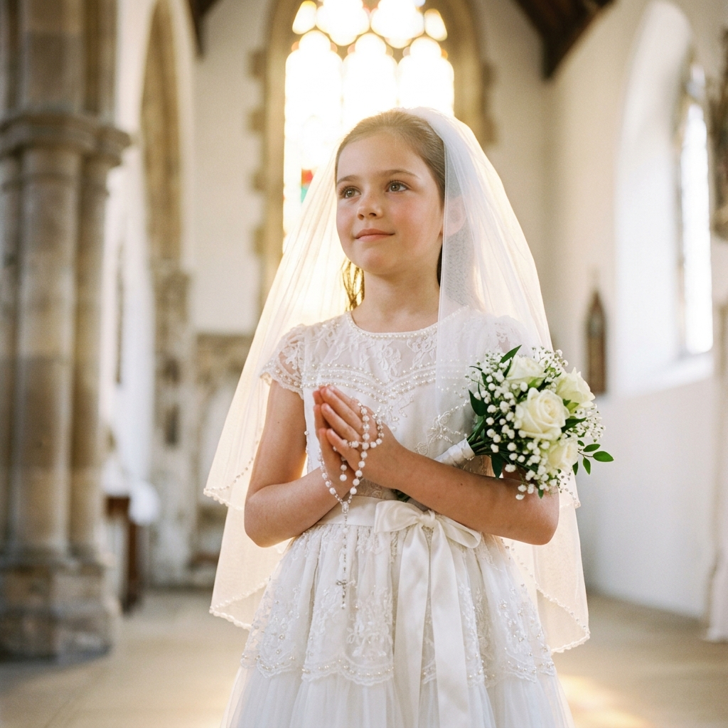 Saira Mary Mathew in First Holy Communion dress