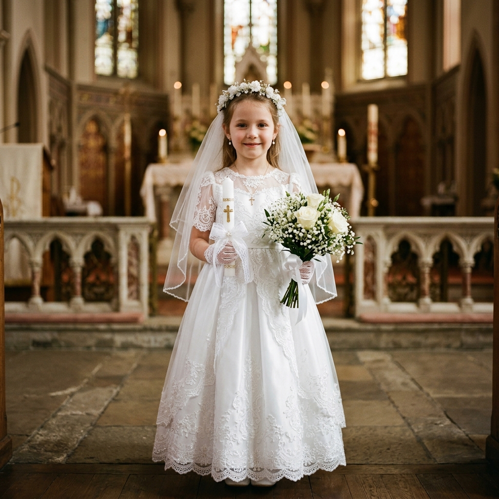 Maria Johnson in First Holy Communion dress